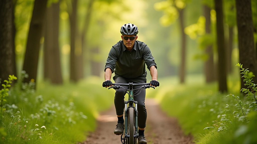 Velosipēdists draudzīgā stāvoklī mežā, drošības aprīkojums redzams