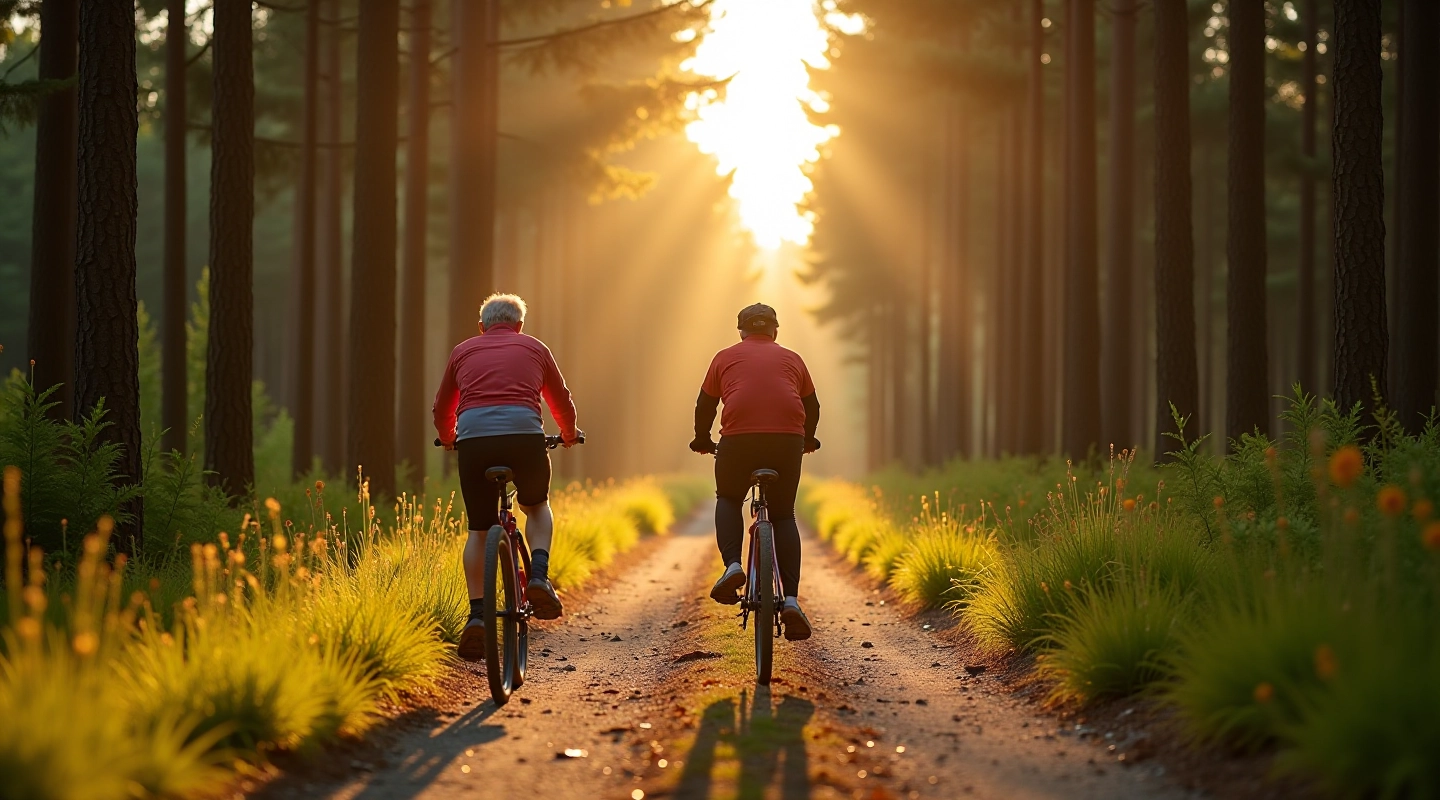 Seniori braukā ar velosipēdiem Jūrmalas priežu mežos, saulainas dienas, mierīga atmosfēra