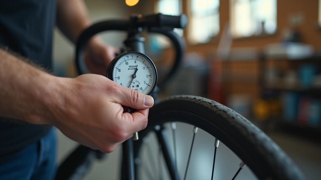 Spiediena mērīta pievienošana velosipēda rietim, kas parāda pareizu spiediena pārbaudes paņēmienu