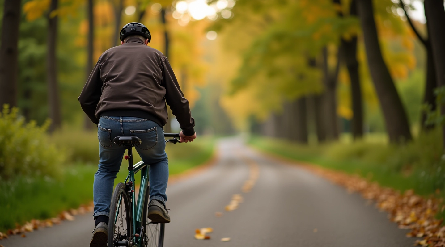Velosipēdists drošības aprīkojumā braukā priežu mežu ceļā Jūrmalā, rūpīgi vērojot apkārtni un ievērojot drošības noteikumus
